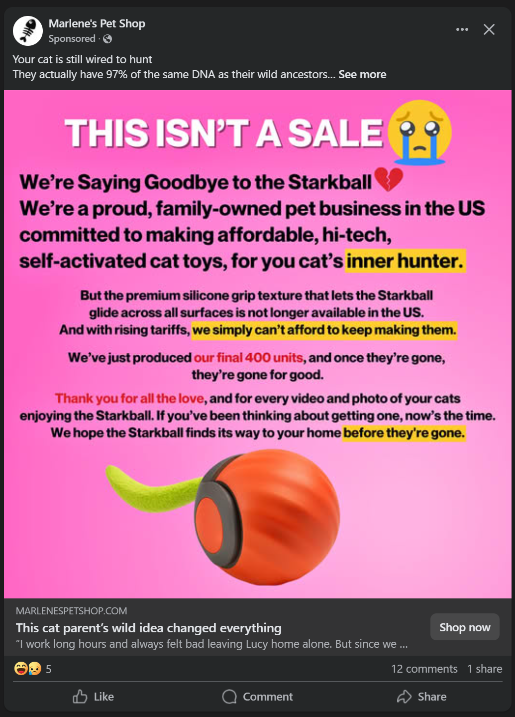 Marlene's Pet Shop Facebook ad claiming they are a small US business shutting down due to tariffs