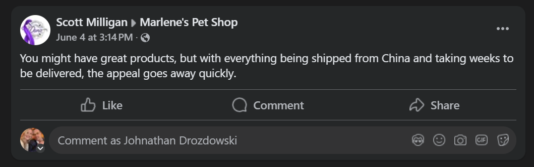 Customer reviews complaining about slow shipping from China