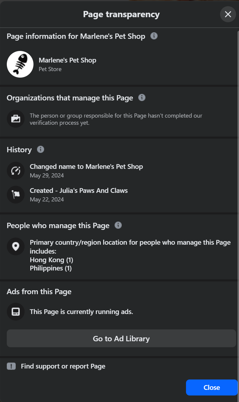 Facebook Page Transparency showing admins located in Hong Kong and the Philippines