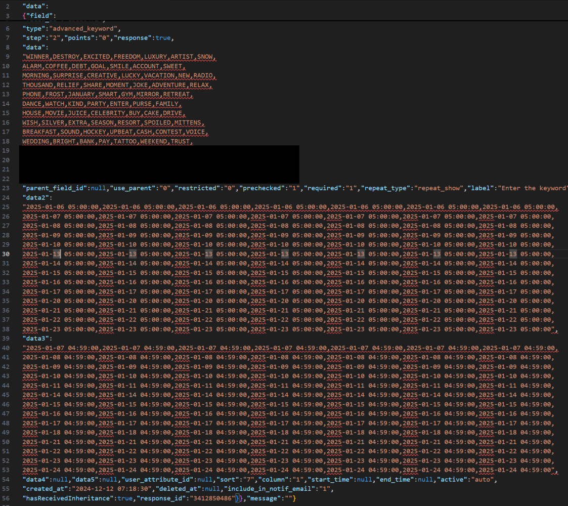 API response showing all contest keywords in the data field